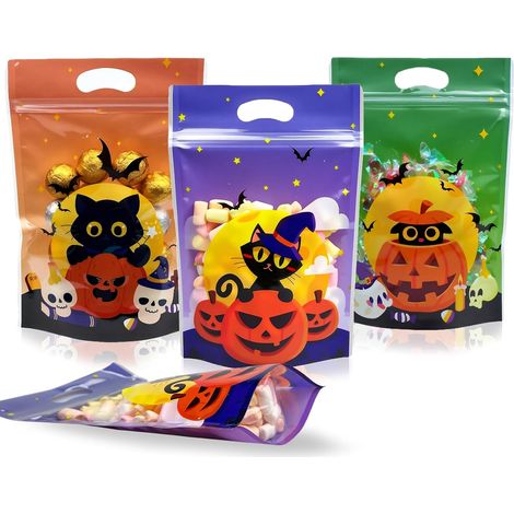 Sacs à bonbons d'Halloween avec fermeture éclair et poignée, refermables, adaptés pour offrir des friandises, comme friandises lors de fêtes et comme matériel pédagogique d'Halloween (3 couleurs d'imp (1/5)