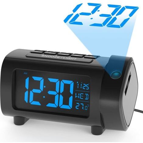 Radio Réveil à Projection, Horloges à Projection 180° Reveil Projecteur FM avec Alarme, Grand Affichage VA, 4 Niveaux de Luminosité de l'écran, Numérique USB, Fonction Snooze, 12/24H