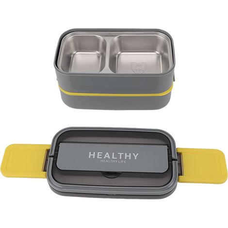Boîte à Bentô Double Étage en Acier Inoxydable 316, Compartiments pour Déjeuner Portable avec Couverts, pour Travail École Bureau, 1400ml, Gris (1/5)