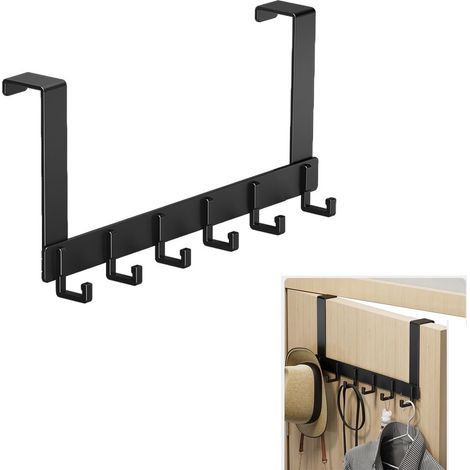 Heavy-duty over-the-door hanger with 6 hooks for clothes, bags, backpacks, hats, black (1/5)