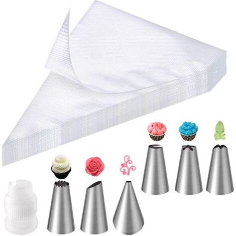 100-teiliges Spritzbeutel-Set, inklusive 6 Edelstahl-Tüllen, 1 Adapter, Einweg-Spritzbeutel, Spritzbeutel für Kuchen-, Cupcake- und Gebäckdekoration (1/5)