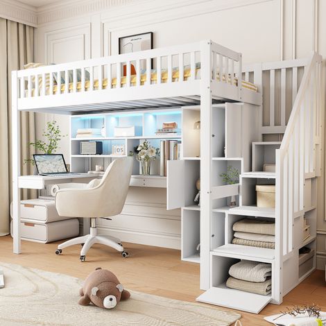 lit 90x200 mezzanine avec bureau et rangements blanc HAVRYA (1/5)