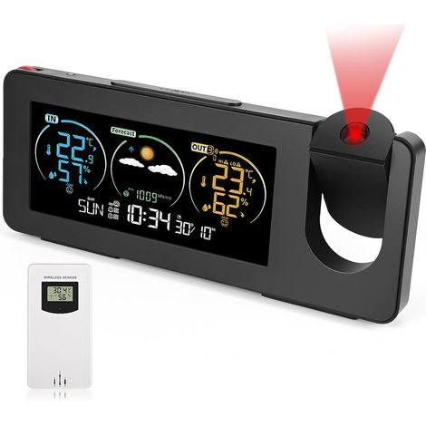 Station météorologique sans fil avec capteur extérieur, écran LCD, prévisions météorologiques,température,réveil avec fonction de répétition, station météo avec projection, pour intérieur et extérieur (1/5)