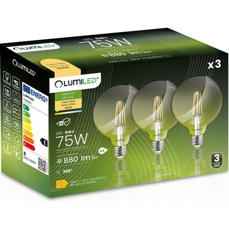 3 bombillas LED E27 esféricas G95 de 8W = 75W, 880lm, 3000K cálidas, 360°, filamento LUMILED