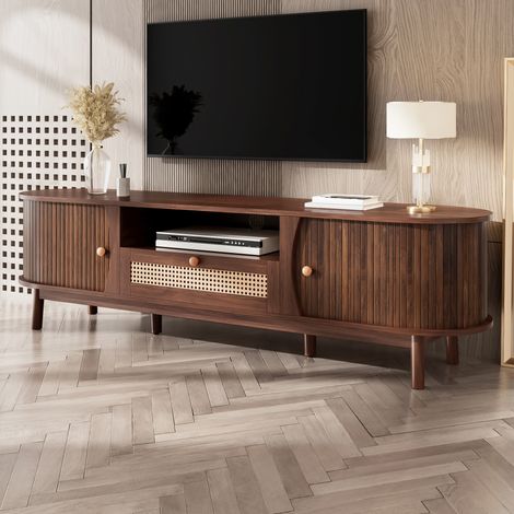Meuble TV avec portes et tiroirs, effet rotin, 165 x 37 x 46 cm, MDF, coloris noyer DESVIAE (1/5)