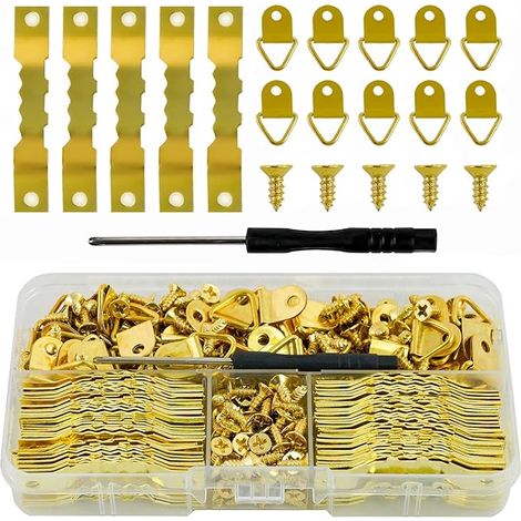 Bildaufhänger 251 Stück, Bilderhaken Bilder Aufhängen enthalten 50 Zackenaufhänger, 50 D Ring Bildaufhänger, 150 Schrauben, Schraubendreher und Fachbox, Bilderrahmen Aufhänger, Picture Hanging Tool