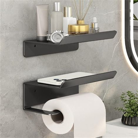 Lot de 2 porte-papier toilette sans perçage, étagère de salle de bain noire 16,5×10×6 cm, design moderne et résistant (1/5)