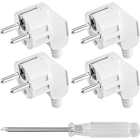 4 Pièces Fiche Coudée, Fiche Mâle, Prise Electrique Male 250V 16A pour Câbles de 8 à 10 mm, avec Tournevis, Matériau PP, D'alimentation Domestique Décorative à Encastrer ou à Remplacer(Blanc) (1/5)