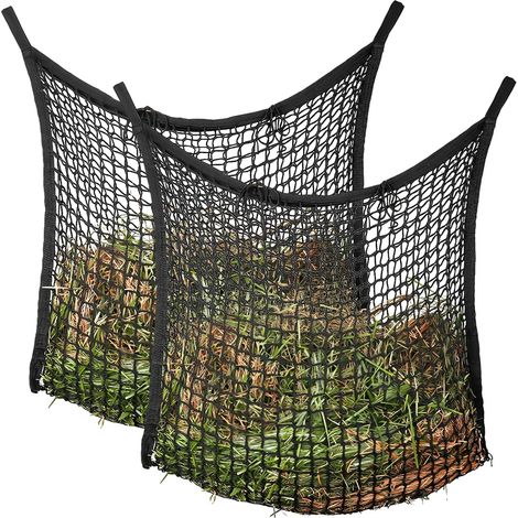 Lot de 2 sacs à foin pour chevaux - 80 x 90 cm - Grand filet à foin avec 4 mousquetons - Capacité : 10 kg - Noir (1/5)