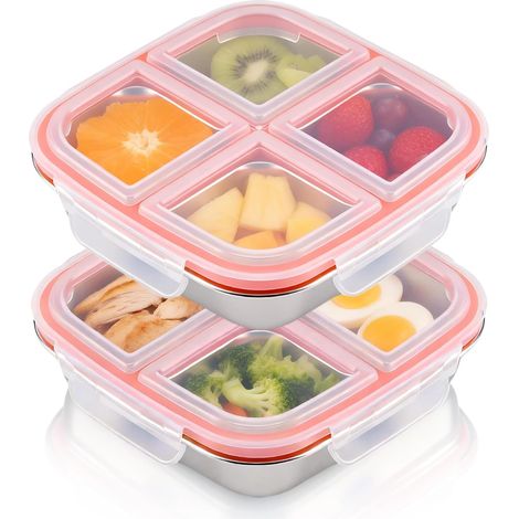 Lot de 2 Boite Compartiment Alimentaire Inox(600 ml), Boite Hermetique Alimentaire Étanche à 3 Compartiments, Box a Gouter Enfant Réutilisable avec Couvercle, Bento Lunch Box Portable de (1/5)