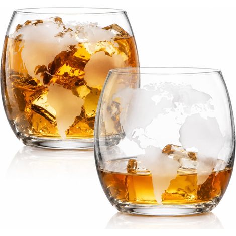 Lot de 2 verres à whisky en forme de globe - Motif carte du monde - Verres à whisky en verre transparent pour rhum cocktail et boisson (1/5)