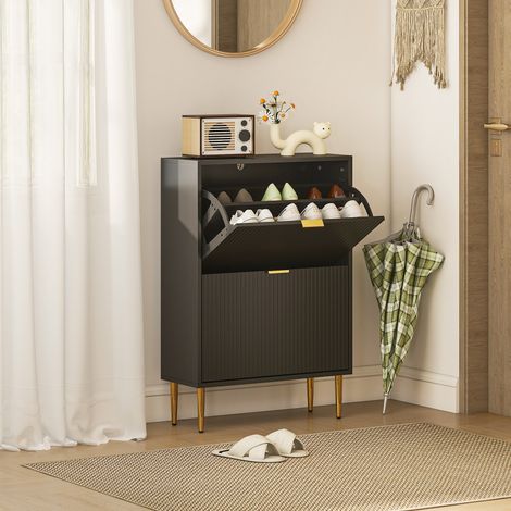 Meuble de rangement pour chaussures 12 paires, 2 tiroirs basculants, portes cannelées, étagères réglables, noir, 60x24x91,5 cm (1/5)