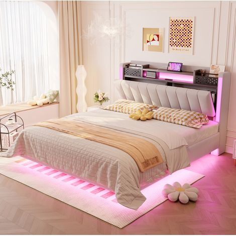 Lit 140x200 LED USB avec rangements, beige OKMYHOME (1/5)