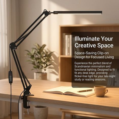 Lampe de bureau LED à pince bras articulé alliage aluminium, USB 5V, 5 couleurs 11 niveaux luminosité sans scintillement (1/5)