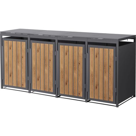 ML-Design Copribidone da Spazzatura per 4 Bidoni 240L 260x80x120 cm in Acciaio Antracite Effetto Rovere Chiaro con Porte e Tetto a Ribalta, Resistente alle Intemperie, Deposito per Bidoni di Rifiuti