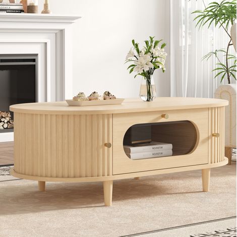 Table basse en MDF décor chêne 100 x 50 x 36 cm avec tiroir et portes à rideau (1/5)