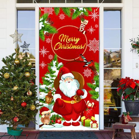 Bannières de porte de Noël, décorations extérieures, drapeaux extérieurs, tentures décoratives avec père Noël et fond d'arbre (1/4)