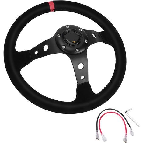 Volant de course automobile universel 35 cm/14 pouces à 6 boulons avec klaxon rouge. (1/5)