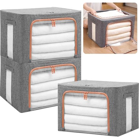 Lot de 3 Sacs de Rangement avec Cadre Métallique 24L, Boîte de Rangement pour Vêtements et Penderies, Boîte de Rangement Pliable pour Armoire et Dressing (24L-3 PACK) (1/5)