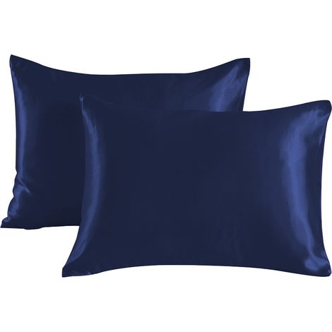 Ensemble 2 pièces (bleu marine, 50x75cm) taie d'oreiller imitation soie, couleur unie, fibre de polyester