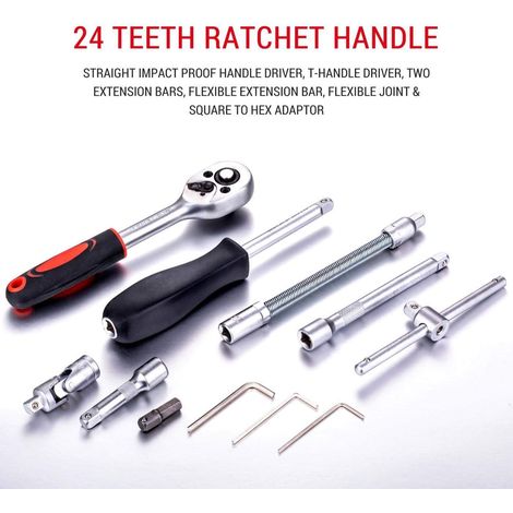 Set di 46 pezzi di chiavi a bussola metriche da 1/4" (4-14 mm) con chiave a cricchetto a 24 denti, prolunghe, snodi e inserti - ALTRO (1/3)