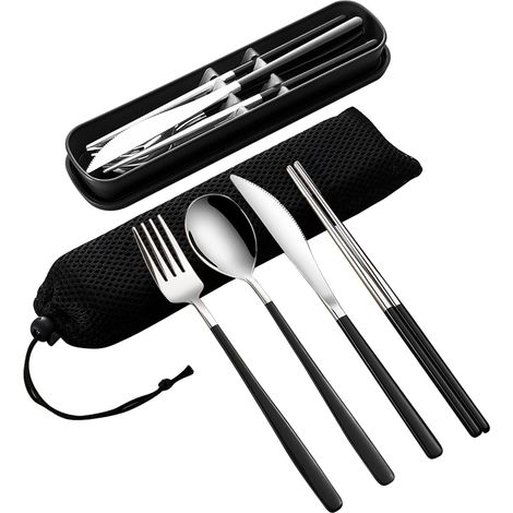 Ensemble de 4 couverts acier inoxydable (18/10) avec étui, fourchette/cuillère/couteau/baguettes, argent/noir.