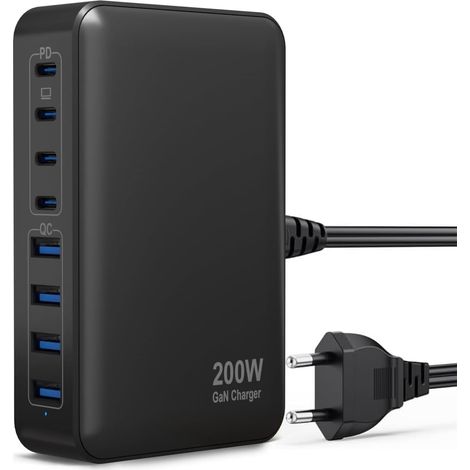 200W Chargeur USB C, Chargeur Rapide avec GaN Tech, 8 Ports PD QC 3.0 Prise Multiple, 65W Adaptateur Chargeur Laptop Compatible avec Pro/Air/Pixelbook/ThinkPad/Galaxy/SteamDeck/Tablette (1/5)