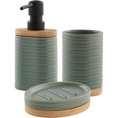 Set de salle de bain en céramique 3 pièces – Distributeur de savon, porte-savon, porte-brosse à dents – Couleur sauge – Guy Levasseur