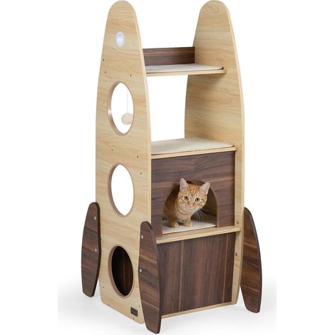 Structure multi-niveaux 120 cm arbre à chat tour en bois fusée pour jeu et repos griffoir sisal et niche (1/5)