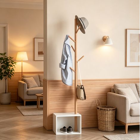 Eingangs-Garderobe mit Stauraum, 6 Haken, 180 cm, weiß und Bambus OKMYHOME (1/5)