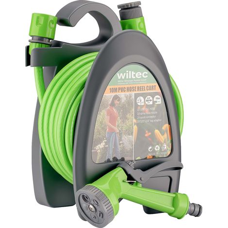 Wiltec Avvolgitubo da giardino portatile, con tubo da 10 m e pistola multigetto, Pompa per irrigazione e pulizia