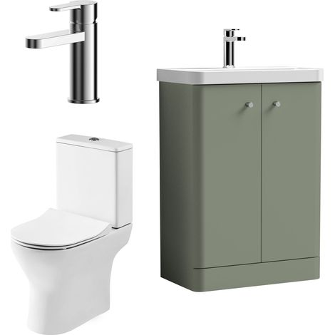 Nuie Core Cloakroom Set Floor Standing Vanity Unit Curve 600mm Basin Tap WC Satin Green