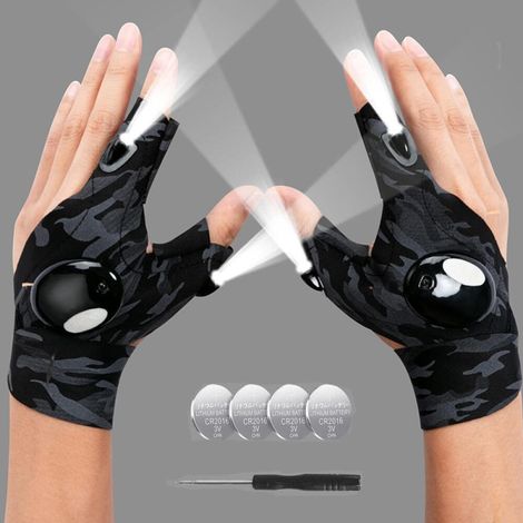Guantes con linterna LED incorporada, herramientas y accesorios prácticos para pesca y acampada, 1 par de guantes de camuflaje.