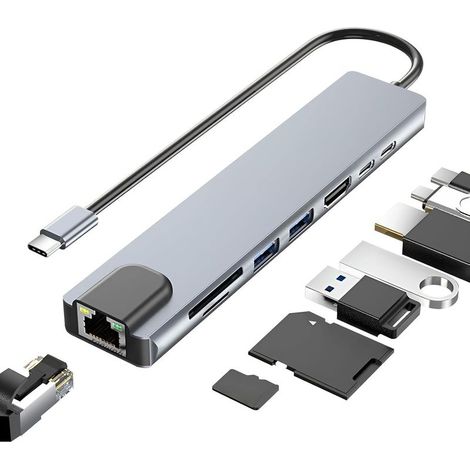 Hub USB C 8-en-1, Adaptateur USB C vers HDMI 4K, RJ45 Ethernet, PD 100W, Lecteur SD/TF, USB 3.0/2.0, Type C (1/5)