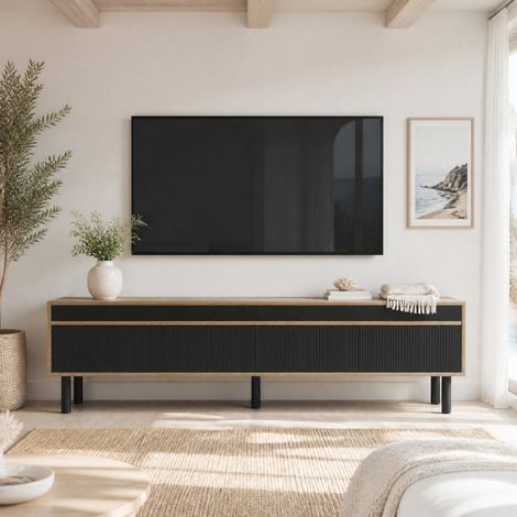 Mobile TV 170 x 38 cm con 4 ante, apertura push-to-open, nero e legno naturale DESVIAE (1/5)
