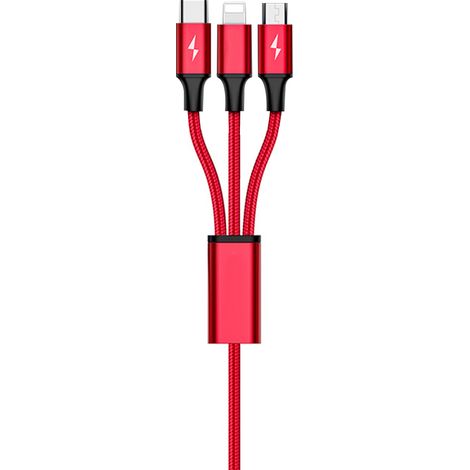Câble de charge USB 3 en 1 1,2 mètres, résistant à l'abrasion, multiprise pour voiture, pour téléphones portables, rouge (1/5)