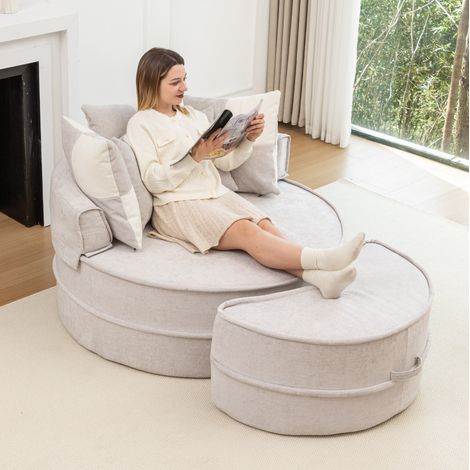 Sillón chaise longue redondo 121x107x42 cm gris en chenilla y espuma con otomana y 5 cojines (1/5)