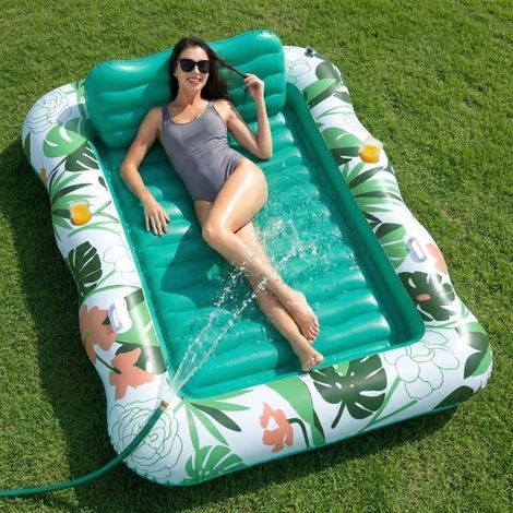 EcoFurnix Matelas Gonflable Piscine 190 x 130 cm, Tanning Pool avec Appuie-Tête Amovible et Porte-Gobelet, Vert (1/5)
