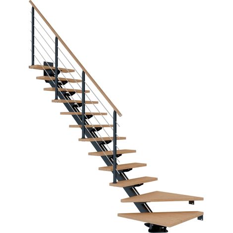 Dolle Mittelholmtreppe Sydney in Eiche weiß, geölt 75 cm breit 1/4 gewendelt für Geschosshöhen 222 – 270 cm UK Metall Anthrazit mit einseitigem Designgeländer