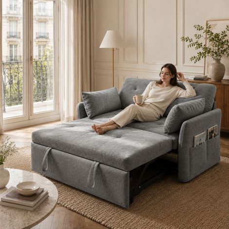 WUMAGIN - Canapé convertible - 2 Place - 104x85x72cm - Cinq niveaux réglables - Avec coussin et poches latérales - Évolutif - Facile à installer - Pour Salon, Chambre - Gris
