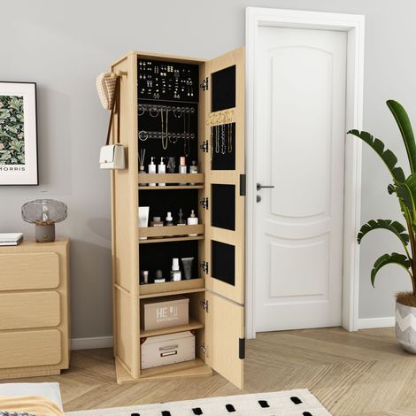 Armoire de toilette pivotante 4 en 1 avec miroir pleine longueur, rangement pour bijoux, étagère et patères. Meuble gain de place en MDF, aspect chêne, idéal pour la chambre. (1/5)