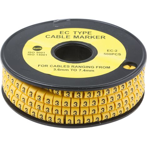 Repère câble , Ø câble 3.6  7.4mm, texte : 3, Noir sur Jaune ( Prix pour Bobine de 500 )