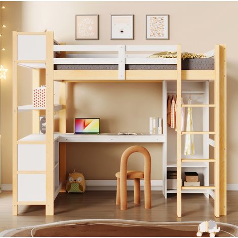 Hochbett 140 x 200 cm mit Schreibtisch, Regalen und Kleiderschrank, Natur (1/5)