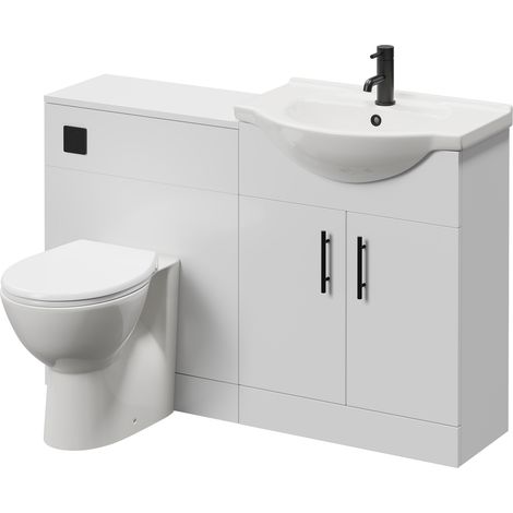 Alexander James Cento Gloss White 1250mm 2 Door Vanity Unit Toilet Suite - 1250mm - Matt Black 96mm Knurled Bar HandleJames Toilet Pan and Seat