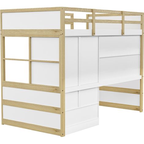 Hochbett 90 x 200 cm mit Schreibtisch, Schrank und Schubladen, Naturholz und Weiß (1/5)