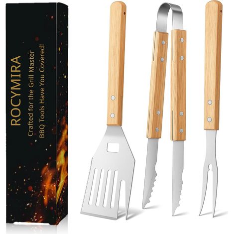 Ensemble d'outils de barbecue 5 en 1 – Spatule multifonction avec bord couteau, fourchette, attendrisseur et décapsuleur Poignée bois frêne robuste acier inoxydable épais Accessoires - (1/5)