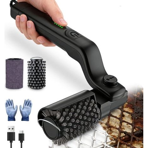 Cepillo eléctrico para parrilla, Cepillo eléctrico para barbacoa, Recargable, 3 velocidades, Ajustable 180°, Cabezal de acero inoxidable, Negro (1/5)