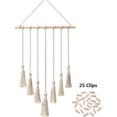 Présentoir à photos suspendu en macramé, organisateur de photos mural, décoration d'intérieur bohème avec 25 pinces en bois, beige (1/4)