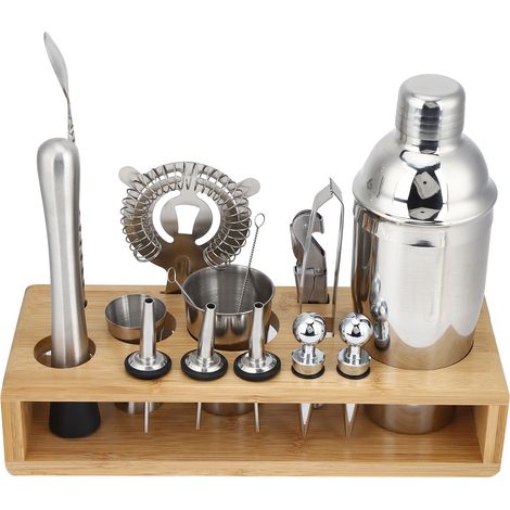 Ensemble de bar à cocktails 16 pièces en acier inoxydable 304 avec shaker et support en bambou. (1/5)
