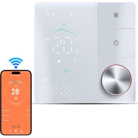 Smart thermostat, digital settings, with AI-powered smart remote control for energy-efficient underfloor heating, LED touchscreen, white (1/5)